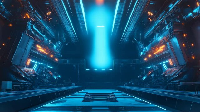 A futuristic rocket stands poised for launch in a high-tech space facility. The vibrant blue and orange lights create a dramatic atmosphere. This image captures innovation and adventure