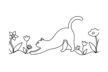 Continuous Line Drawing Of Stretching Cat With Flowers Simplistic Spring Illustration