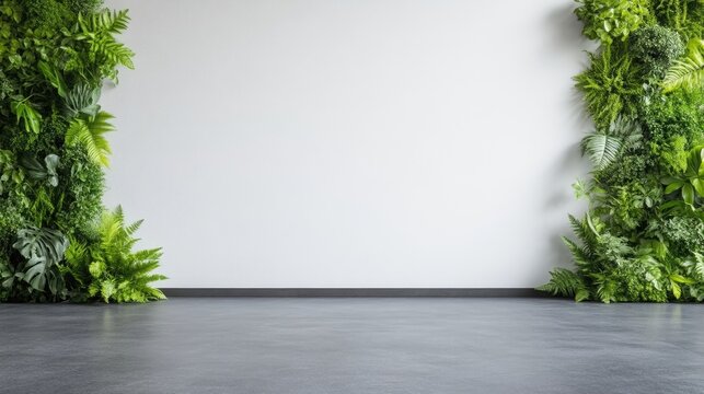 Here is a description of the image A minimalist room features two lush vertical gardens flanking a blank white wall. The grey floor contrasts the bright wall. The image is high-quality with even li