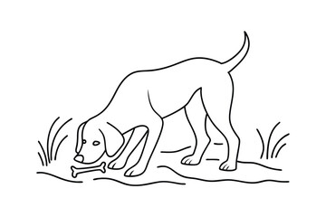 Dog Sniffing A Bone On The Ground Black And White Line Art