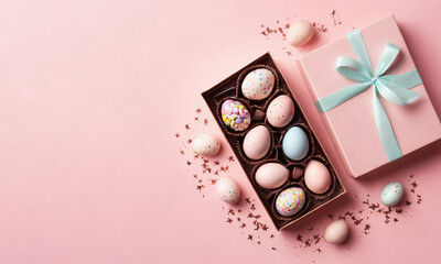 Colorful easter eggs and gift box arranged on a pink background for spring celebrations and festivities