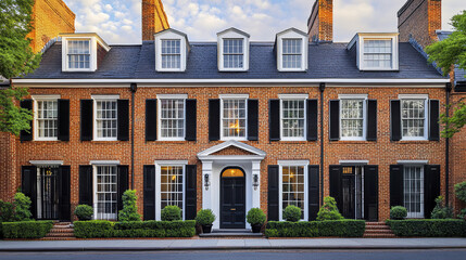 Classic red brick townhouses with symmetrical windows and lush greenery