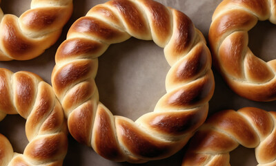 Twisted bread rings baked to golden perfection on a parchment-lined tray in a warm kitchen