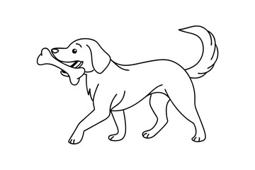 Happy Dog Walking With Bone In Mouth Black And White Line Art