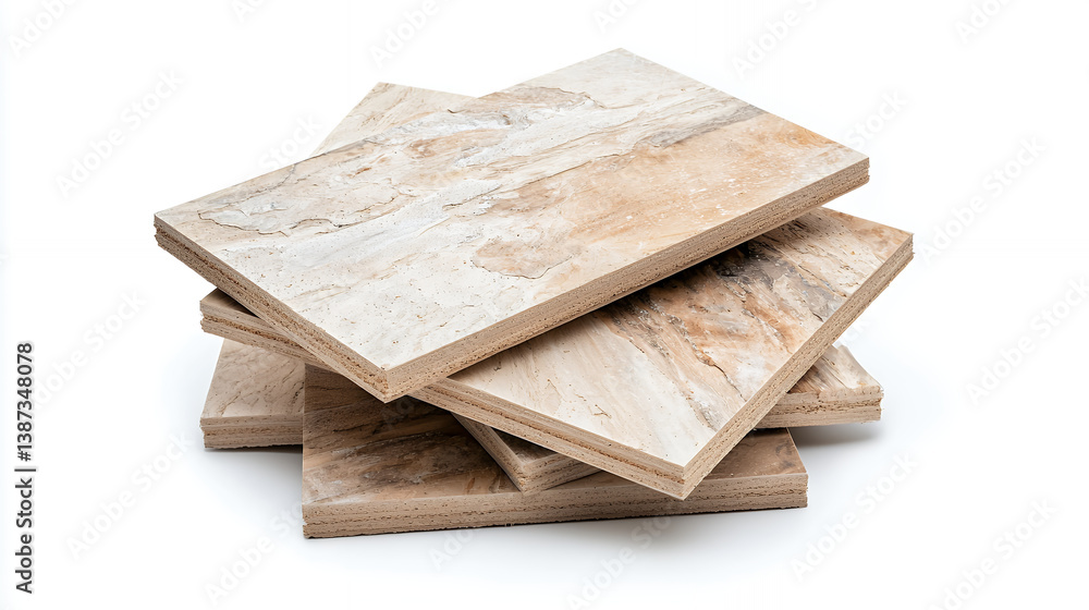 Poster natural stone tiles stacked in neat pile, showcasing unique patterns and textures. ideal for home de