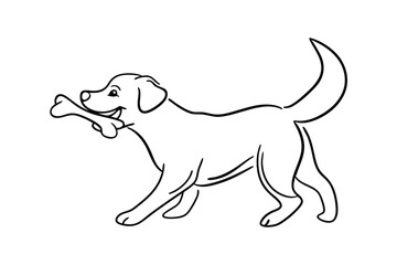 Cartoon Dog Carrying Bone In Mouth Black Outline Vector Illustration