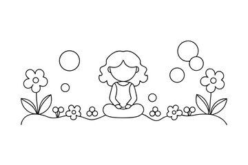 Line Art Illustration Of A Girl Meditating In A Flower Garden Simple Outline Design
