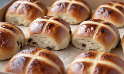 Hot cross buns display in a bakery for Easter celebrations with glazed finish and traditional design