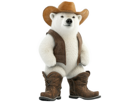 charming polar bear dressed as cowboy, complete with large hat and stylish boots, exudes playful and adventurous spirit. This whimsical character is sure to bring joy and laughter