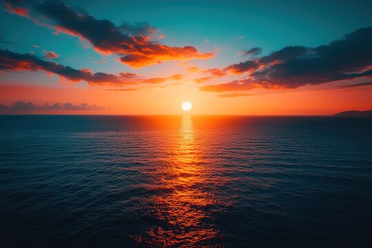 The orange sky at sunset over the sea, with an open horizon and a small sun setting in it
