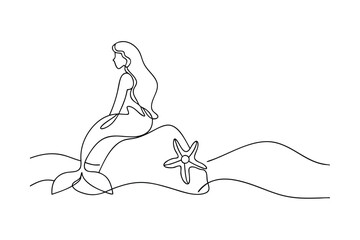 Elegant Mermaid Silhouette One Line Art With Starfish Minimalist Vector Illustration
