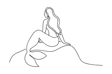 Elegant Mermaid Continuous Line Art On Rock Isolated On White Background