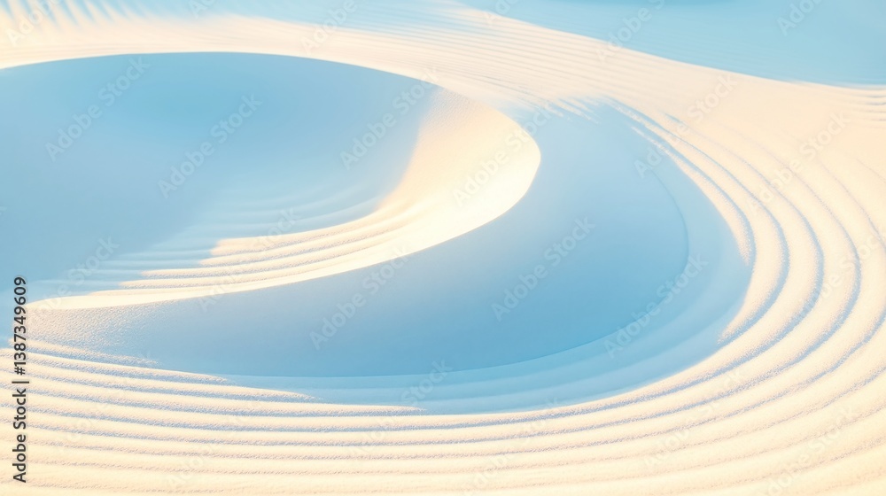Poster abstract spiral of white sand, rippling textures create a serene pattern, soft shadows enhance depth