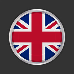Obraz premium British flag button icon. Circular button design featuring the British flag, bordered by a metallic silver frame. Vector icon, EPS10
