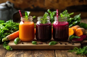 Three jars of delicious beet and carrot juice, wooden board