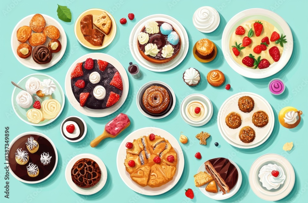 Poster top-down vector composition of a shared table filled with
