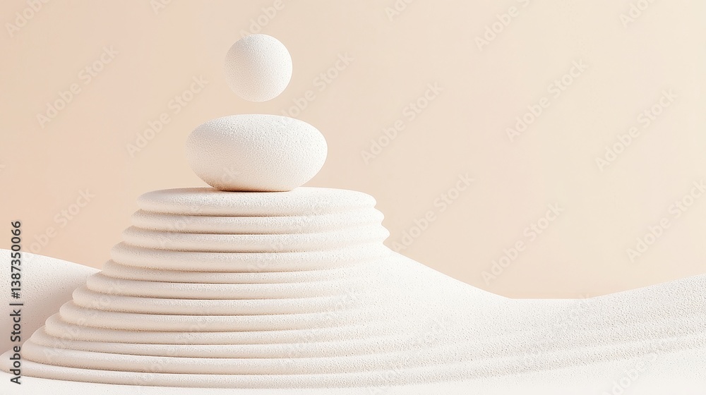 Poster serene zen landscape, soothing atmosphere with ethereal particles floating above intricately designe