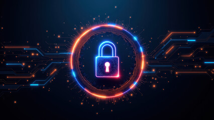 Cybersecurity digital lock icon on a glowing circuit board background.