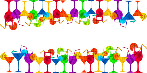 summer cocktail border frame with colorful geometric triangle style drinks, perfect for party invitations, tropical bar menus, or vibrant holiday designs