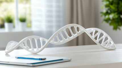 3D model of DNA double helix sits elegantly on wooden table, symbolizing genetics and scientific research in modern workspace