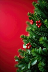 Pine needles and sprigs of holly create a lush atmosphere around a Christmas tree near a bright red wall, winter, greenery, nature