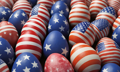 Colorful decorations of eggs featuring American flag designs for a festive celebration