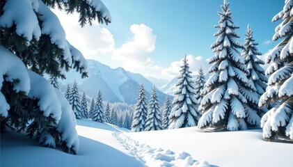 Fototapeta premium Pine trees covered in heavy blanket of snow, branches stretching towards sky, pine trees, winter wonderland, branch