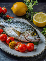 Sea bream fish with tomatoes and lemon slices on a plate.