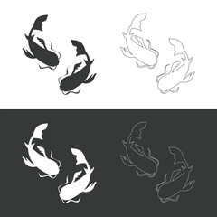 Japanies Koi karp fish silhouette icon set for logo. Vector isolated two Koi karps top view simple minimal line drawing isolated on white and black background.