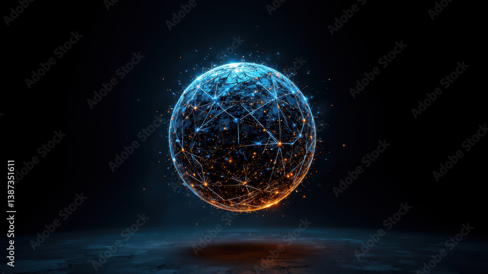 Poster a dynamic graphic showcasing an interconnected globe with a fiery energy at its core, symbolizing cy