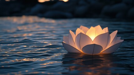 Illuminated lotus lantern on water