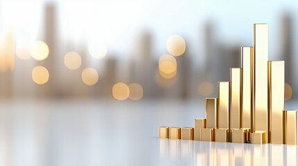 Golden bars representing financial growth and success, set against blurred cityscape background, evoke sense of achievement and prosperity