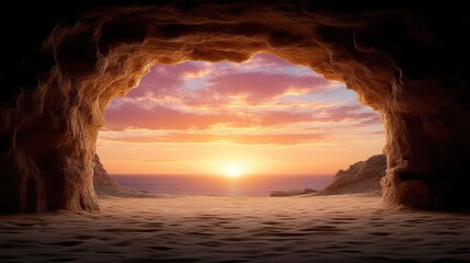 Cave opening to a breathtaking sunset over the sea.  A serene and peaceful scene