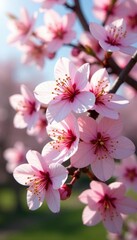 Obraz premium Pink and white flowers blooming in profusion on the branches of a flowering nanking cherry, spring, nature