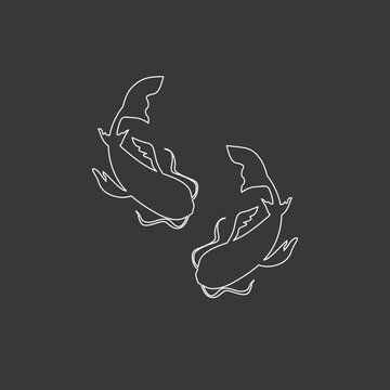 Japanies Koi karp fish line art icon for logo. Vector isolated two Koi karps top view simple minimal line drawing isolated on white background.