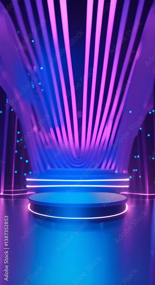 Poster futuristic blue podium in digital space with falling data streams vertical video background for prod
