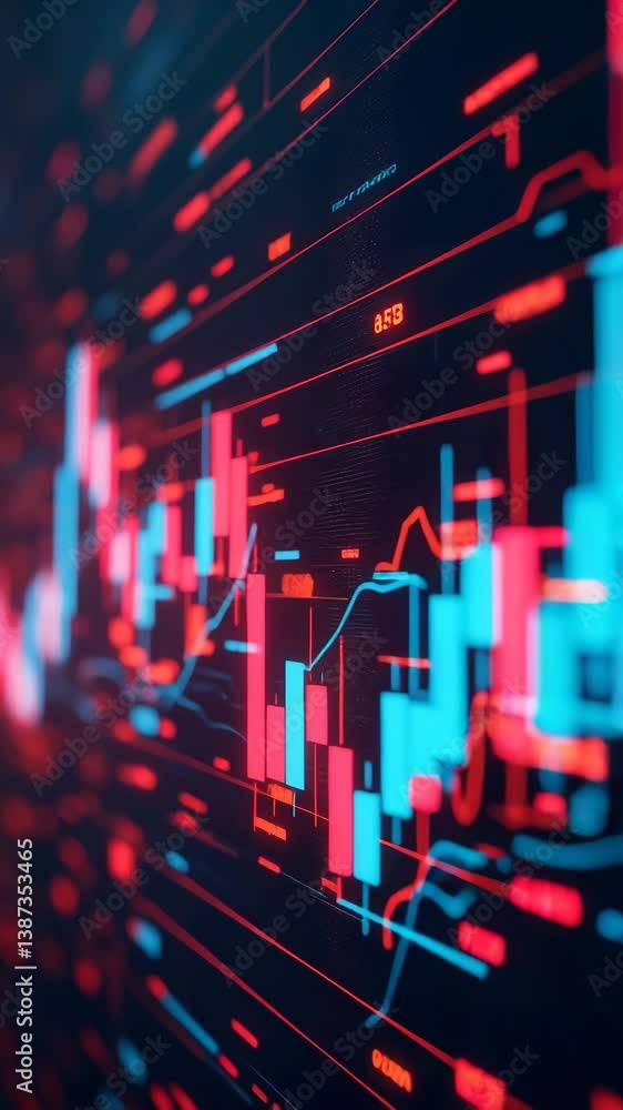 Poster the image features a vibrant digital stock market chart displaying candlestick patterns and data ove