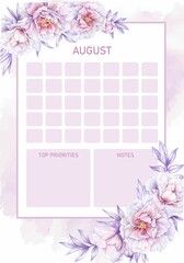 Monthly planning, floral daily,  for August, have a calendar grid, space for your notes. Elegant template ready for print. 