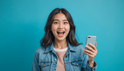 A joyful young Asian woman in casual clothing holds her phone with excitement against a bright blue background.