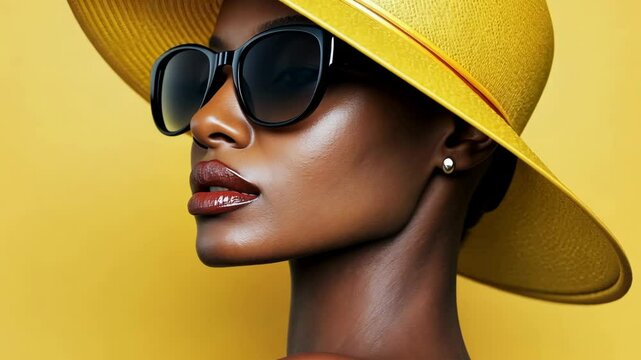 Fashion model poses stylishly against a vibrant yellow background, showcasing a bright hat and sunglasses in modern aesthetics
