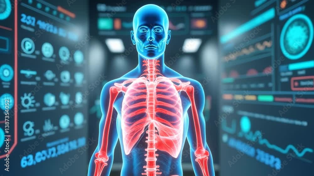 Poster a digital representation of a human skeleton, highlighted against a backdrop of data displays and gr
