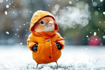 Comical animals. Zoo animal support. Happy cute baby animal bullfinch in winter warm clothes, frosty breath from nose and mouth in frosty breeze. Animal welfare drive. Zoo safety project.