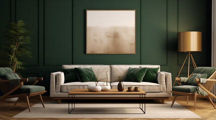 Plan sur un salon moderne, art d&eacute;coratif avec tableaux. Vert et beige. &Eacute;l&eacute;gant, luxe. D&eacute;corations, lumi&egrave;res douces. Pour conception et cr&eacute;ation graphique.