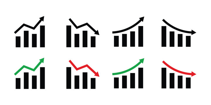 A collection of growth and decline charts. Growth and decline success arrow icons. Set of growth chart icons. Growth chart icon. Graph of a growing bar. 