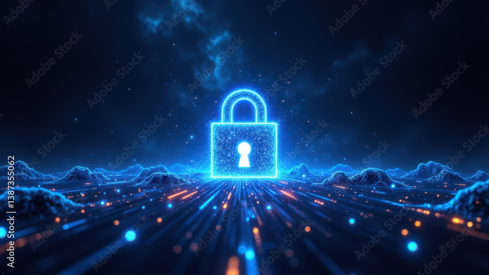 Poster illustration of a futuristic data encryption concept with glowing lock, digital wires, and space-lik