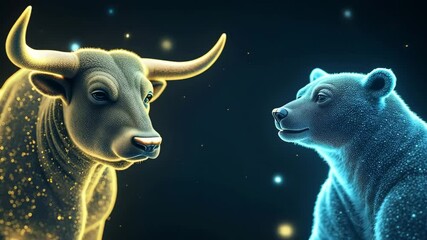 A glowing bull and bear face each other, representing a dynamic encounter between two powerful animal symbols. Bull and bear holograms shifting in digital space. Business Stock Market Data - Powered by Adobe