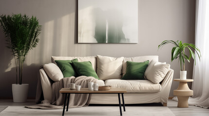 Plan sur un salon moderne, art décoratif avec tableaux. Vert et beige. Élégant, luxe. Décorations, lumières douces. Pour conception et création graphique.