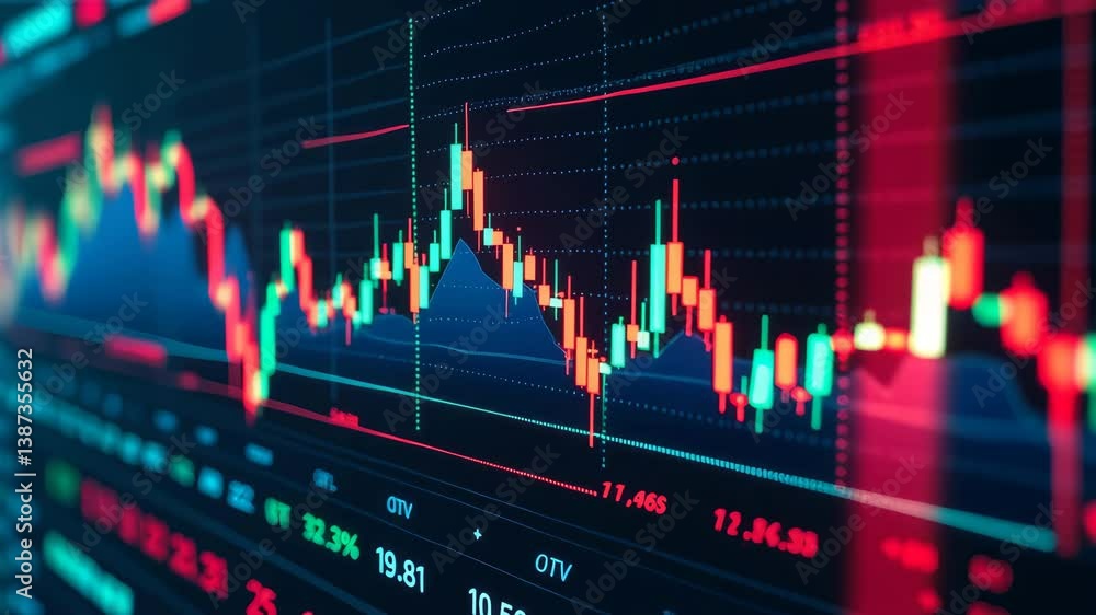 Poster a colorful financial graph displaying fluctuating market trends with candlestick patterns and data m