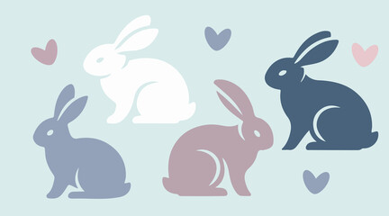 Vector illustration of bunny silhouettes with flowers and hearts for Easter, cute and festive design.
