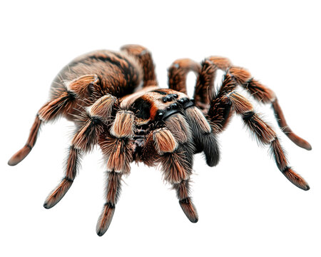 detailed and realistic illustration of tarantula, showcasing its intricate features and textures. spider body is covered fine hairs, with striking color pattern that highlights its natural beauty